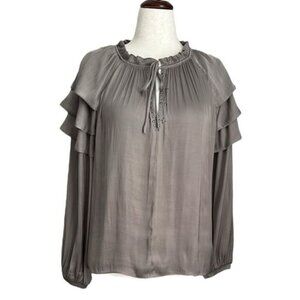 Anthropologie Current Air Shirred Ruffle Tie Neck Satin Flowy Boho Blouse Size L